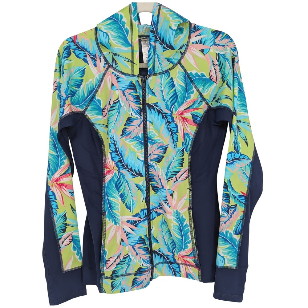 Tommy Bahama Rash Guard Hoodie Women Small Navy Blue Tropical Floral‎ Athleisure